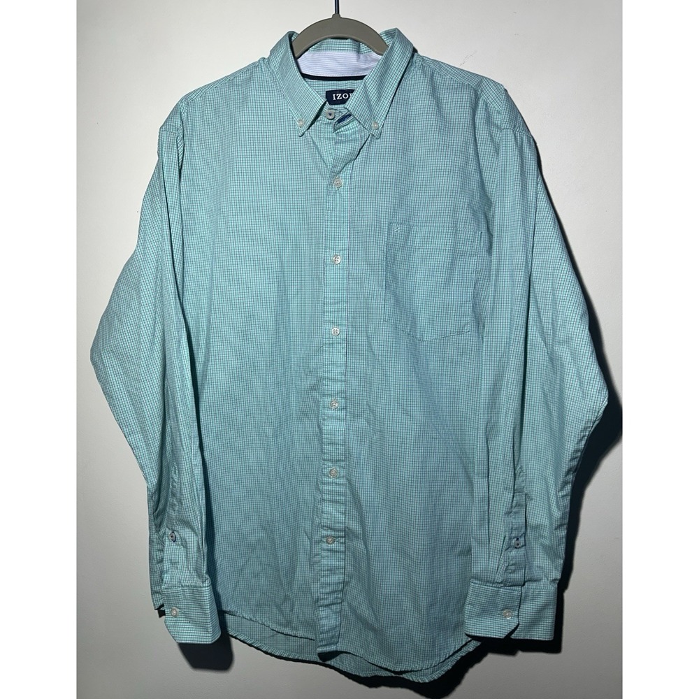 IZOD Non-Iron Stretch Shirt Men's LG Aqua Blue White Gingham Pre-Owned